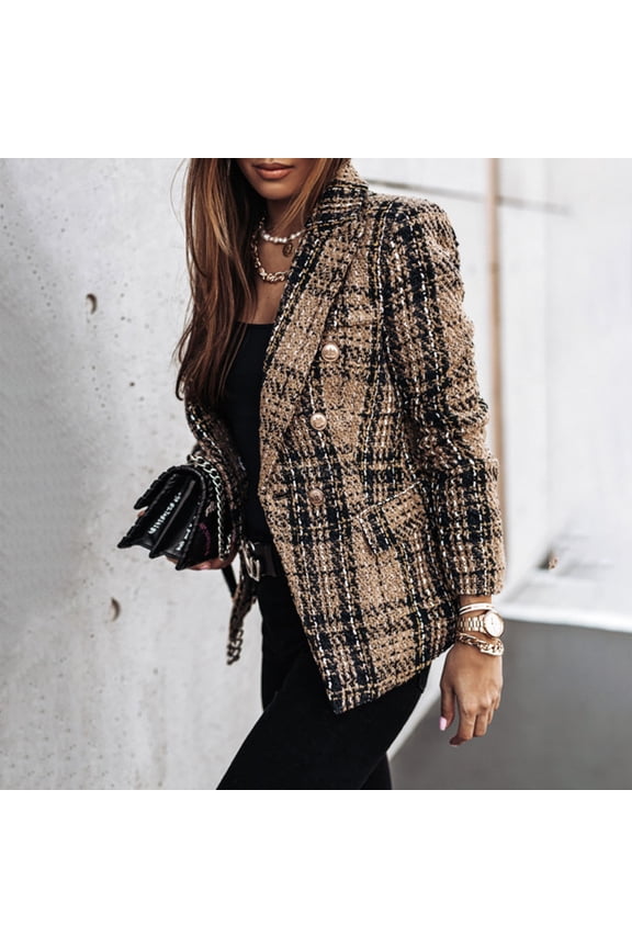 Women's Double-Breasted Check Blazer - Plaid Trench Style Long Sleeve Coat for Office & Casual Wear Brown,M