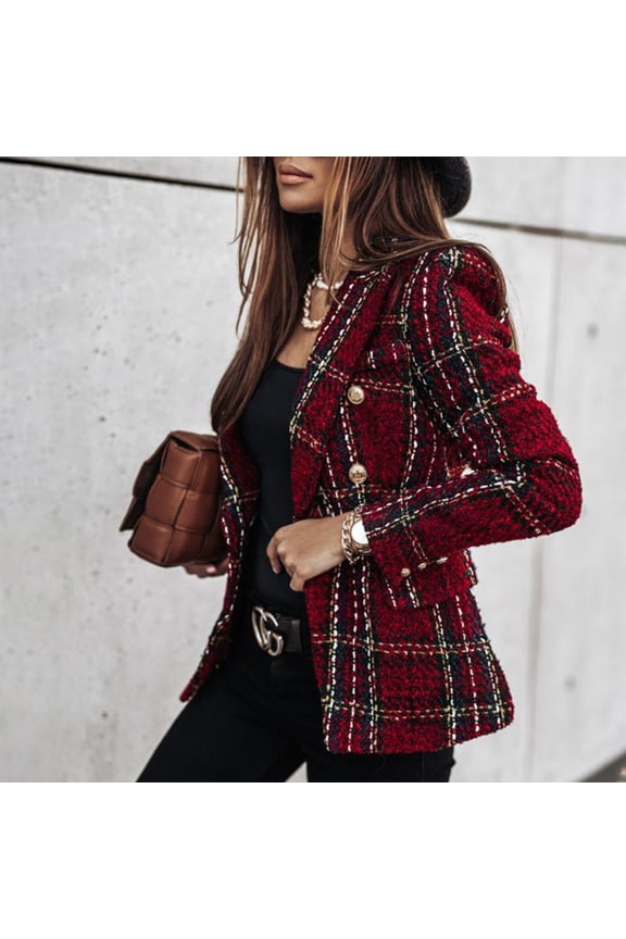 Women's Double-Breasted Check Blazer - Plaid Trench Style Long Sleeve Coat for Office & Casual Wear Wine Red,L
