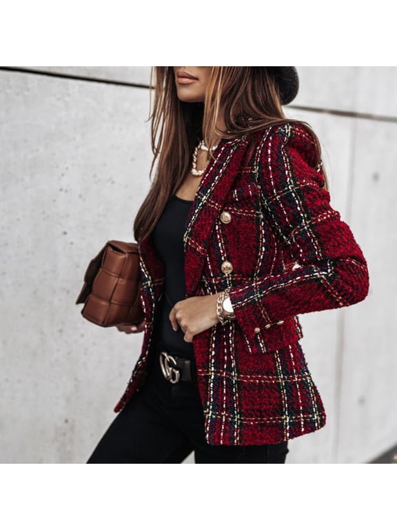 Women's Double-Breasted Check Blazer - Plaid Trench Style Long Sleeve Coat for Office & Casual Wear Wine Red,M