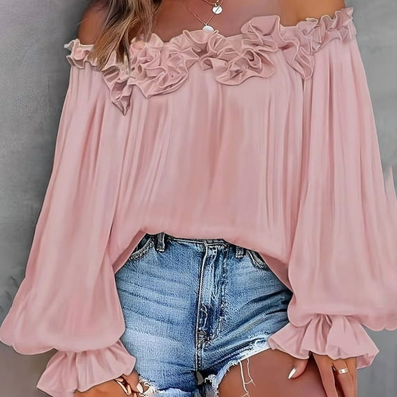 ZEHJUHAN Women's Elegant Off-Shoulder Ruffle Blouse Loose Lantern Long Sleeve Top Boho Summer Chiffon Shirt Pink，XL