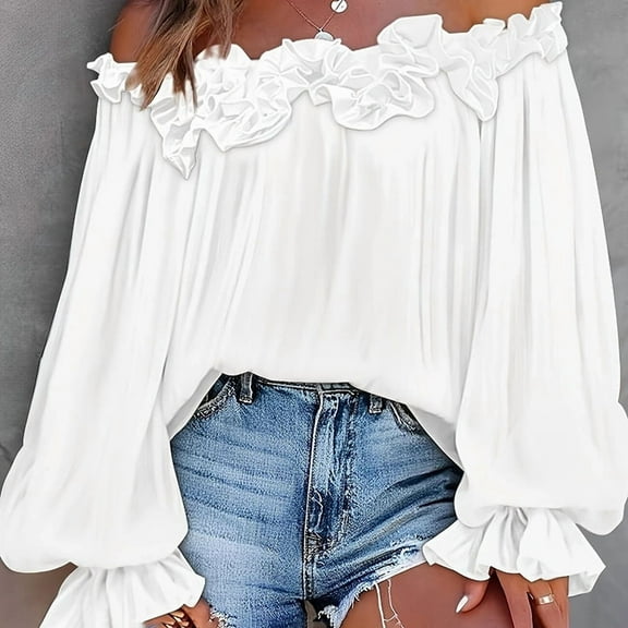 ZEHJUHAN Women's Elegant Off-Shoulder Ruffle Blouse Loose Lantern Long Sleeve Top Boho Summer Chiffon Shirt White,XL