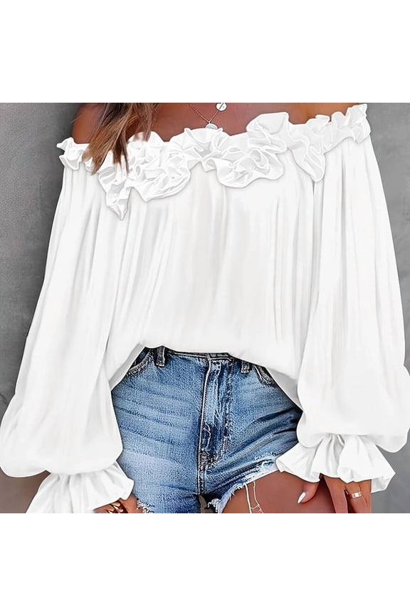 Women's Elegant Off-Shoulder Ruffle Blouse Loose Lantern Long Sleeve Top Boho Summer Chiffon Shirt White,XL