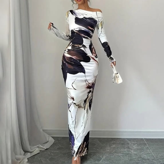 ZEHJUHAN Women's Elegant One-Shoulder Long Sleeve Bodycon Dress with Floral Print Formal Holiday Bodycon Midi Dress White,L