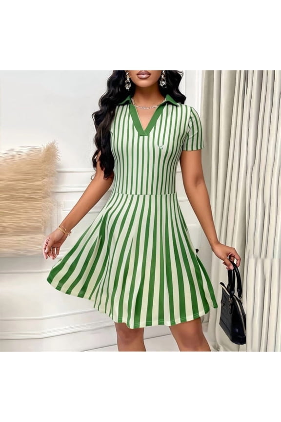 Women's Elegant V-Collar Striped Short Sleeve Shift Dress, A-Line Summer Casual Day Dress Green,XL