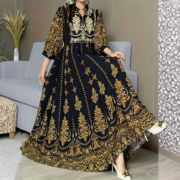 ZEHJUHAN Women's Embroidered Boho Dress - V-Neck 3/4 Sleeve with Waist Tie & Floral Print For Spring Summer Black,S