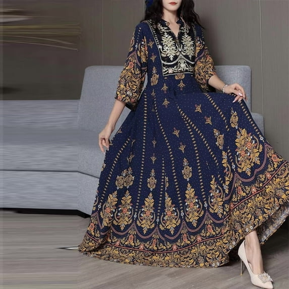 ZEHJUHAN Women's Embroidered Boho Dress - V-Neck 3/4 Sleeve with Waist Tie & Floral Print For Spring Summer Blue,2XL