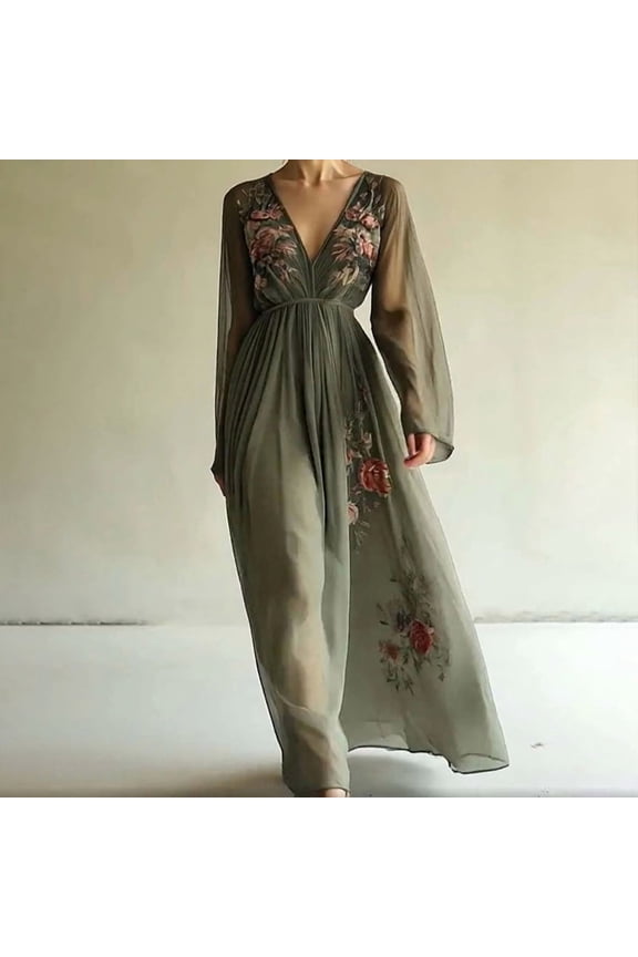 Women's Ethereal Floral Maxi Dress - Semi-Sheer V-Neck Long Sleeve Boho Gown for Spring & Summer Green,2XL