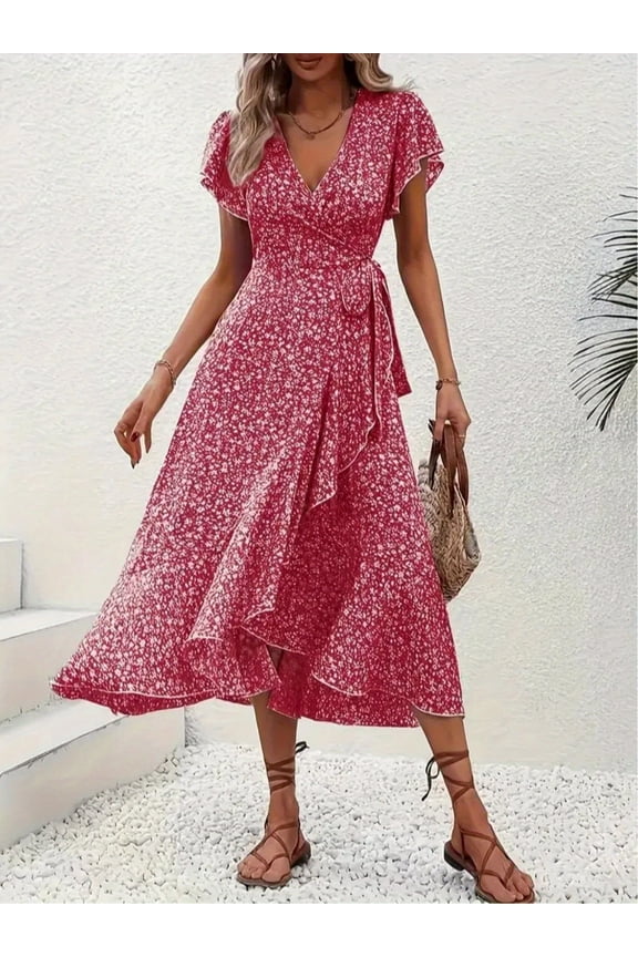 Women's Floral Boho Maxi Dress, Short Sleeve Wrap V-Neck Ruffle Hem A-Line Dress for Summer Weddings & Vacations