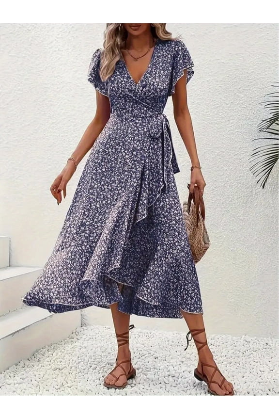 Women's Floral Boho Maxi Dress, Short Sleeve Wrap V-Neck Ruffle Hem A-Line Dress for Summer Weddings & Vacations