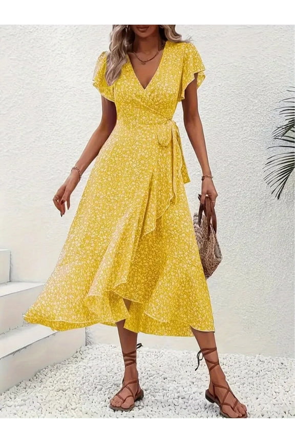 Women's Floral Boho Maxi Dress, Short Sleeve Wrap V-Neck Ruffle Hem A-Line Dress for Summer Weddings & Vacations