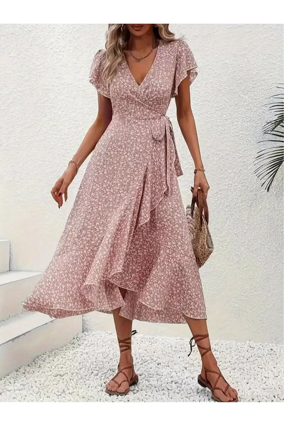 Women's Floral Boho Maxi Dress, Short Sleeve Wrap V-Neck Ruffle Hem A-Line Dress for Summer Weddings & Vacations