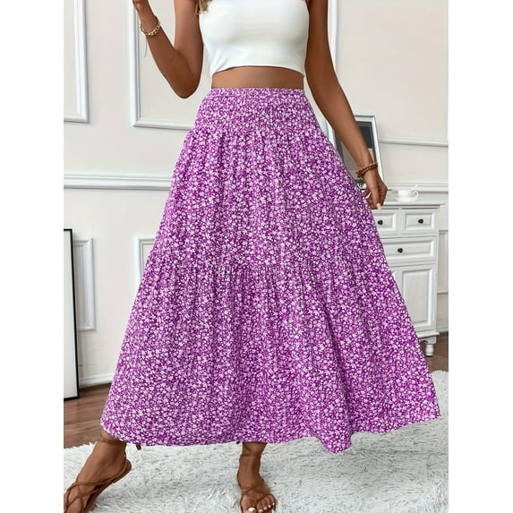 ZEHJUHAN Women's Floral Print Boho Maxi Skirt, High Waist Pleated A-Line Long Skirt for Spring Summer