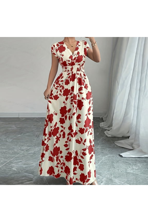 Women's Floral Print Crisscross V-Neck Dress - Elastic Waist Bohemian Maxi Dress for Summer Red，XXL