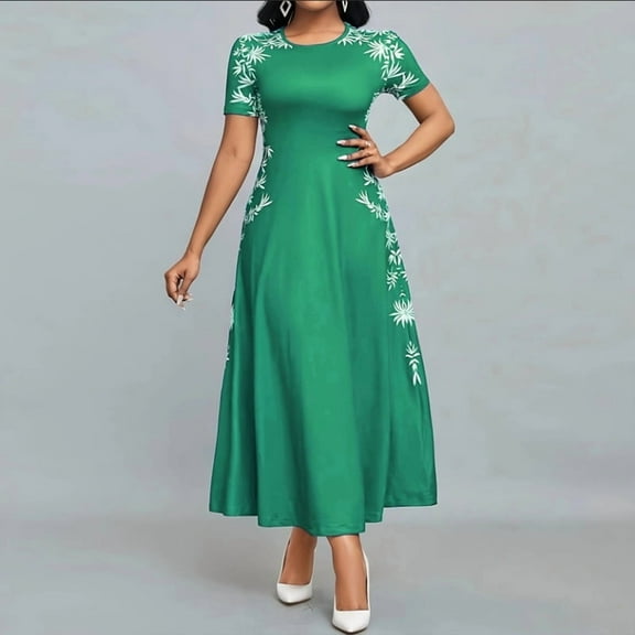 ZEHJUHAN Women's Floral Print Short Sleeve Maxi Dress, High Waist A-Line Summer Casual to Formal Dress Green，XXL