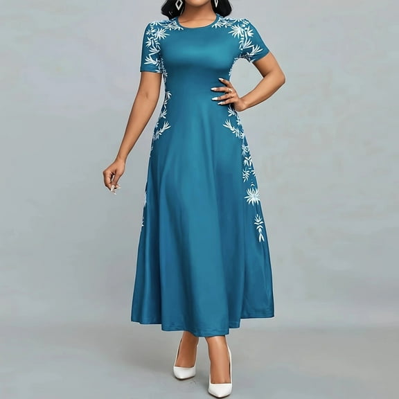 ZEHJUHAN Women's Floral Print Short Sleeve Maxi Dress, High Waist A-Line Summer Casual to Formal Dress Peacock Blue，XXL