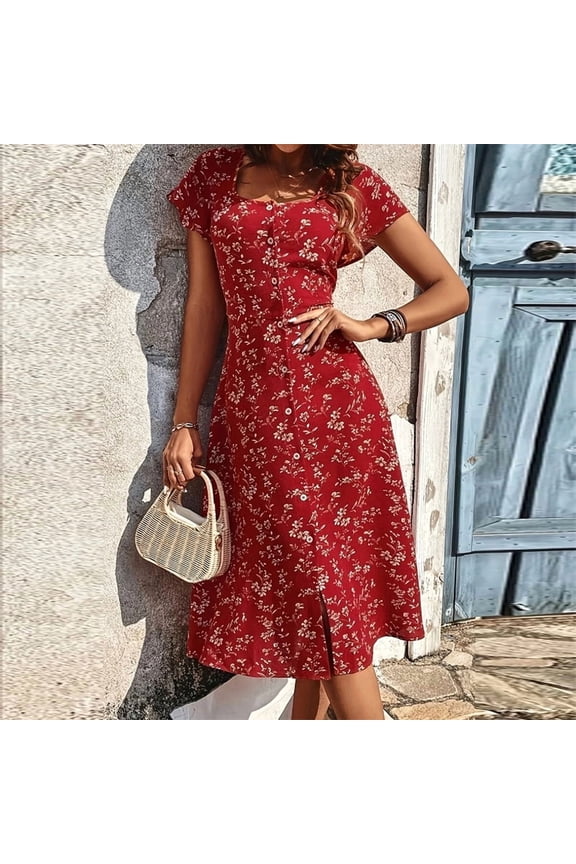 Women's Floral Print Square Neck Short Sleeve Boho Beach Maxi Dress with with Front Buttons & Slit Red，2XL