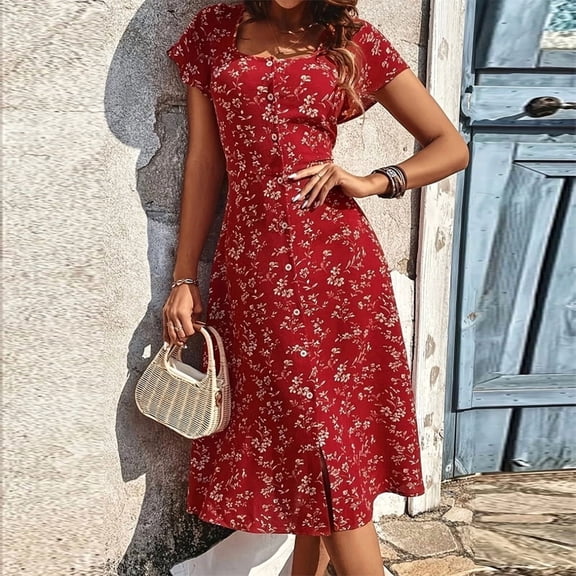 ZEHJUHAN Women's Floral Print Square Neck Short Sleeve Boho Beach Maxi Dress with with Front Buttons & Slit Red,S