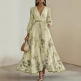 thumbnail image 1 of ZEHJUHAN Women's Floral Print V-Neck Long Sleeves A-Line Flowy Elegant Maxi Dress with Ruffled Hem for Vacation Light Yellow，2XL, 1 of 4