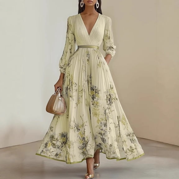 ZEHJUHAN Women's Floral Print V-Neck Long Sleeves A-Line Flowy Elegant Maxi Dress with Ruffled Hem for Vacation Light Yellow,S