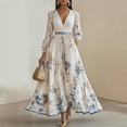 thumbnail image 1 of ZEHJUHAN Women's Floral Print V-Neck Long Sleeves A-Line Flowy Elegant Maxi Dress with Ruffled Hem for Vacation White，S, 1 of 10