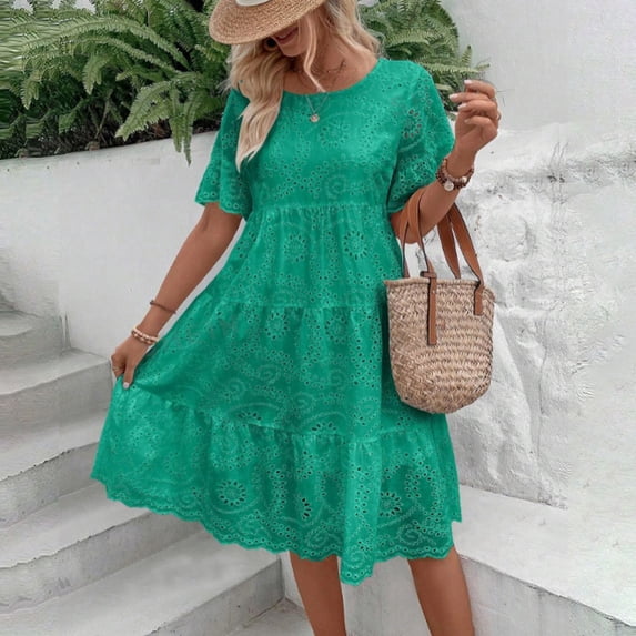 ZEHJUHAN Women's Lace Short Sleeve Midi Dress Solid Color Round Neck A-Line with Hollow-out Splice Ruffle Hem Green,M