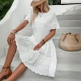 thumbnail image 1 of ZEHJUHAN Women's Lace Short Sleeve Midi Dress Solid Color Round Neck A-Line with Hollow-out Splice Ruffle Hem White，S, 1 of 6
