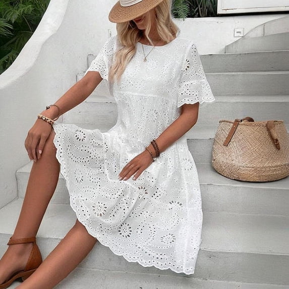 ZEHJUHAN Women's Lace Short Sleeve Midi Dress Solid Color Round Neck A-Line with Hollow-out Splice Ruffle Hem White,S