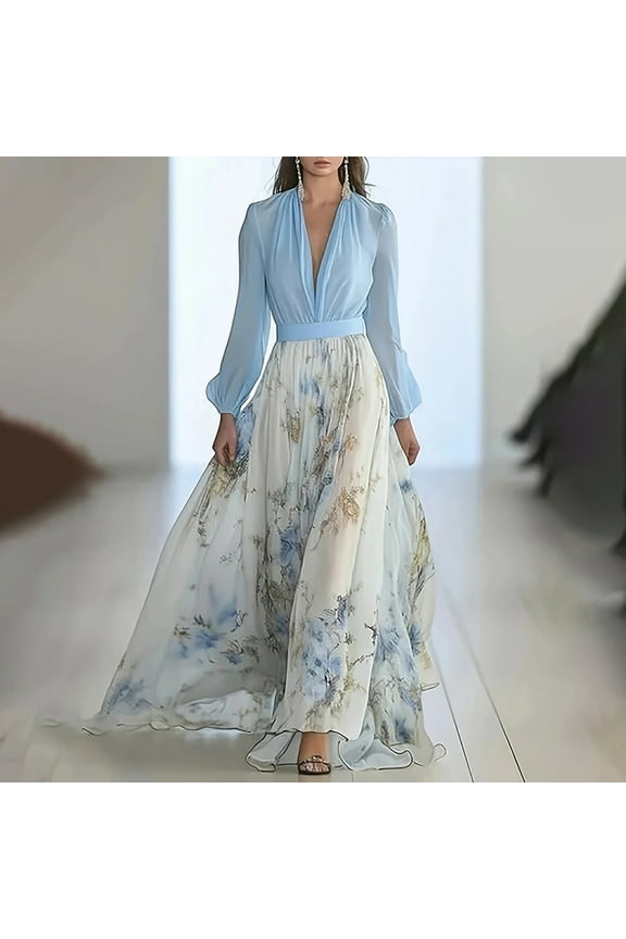 Women's Long Sleeve Boho Maxi Dress with Deep V-Neck Floral Print A-Line Flowy Fit & Ruffle Hem Light Blue,XL