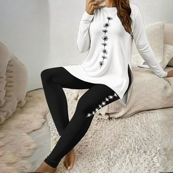 ZEHJUHAN Women's Long Sleeve Crewneck Side Slit Top High-Waist Pants for Spring Fall Printed 2-Piece Lounge Set Black White,XL