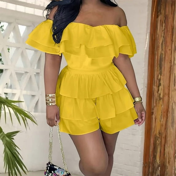 ZEHJUHAN Women's Off-Shoulder Ruffle Jumpsuit - Tiered Layered Short Sleeve Romper with Waist Tie for Summer Yellow S