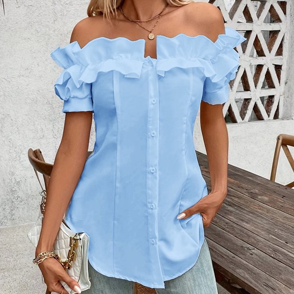 ZEHJUHAN Women's Off-Shoulder Ruffle Romance Top - Adjustable Drawstring & Button-Front Blouse for Resort Wear Blue，2XL