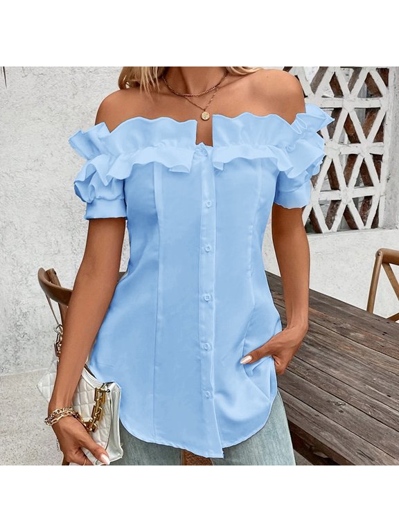 Women's Off-Shoulder Ruffle Romance Top - Adjustable Drawstring & Button-Front Blouse for Resort Wear Blue，L
