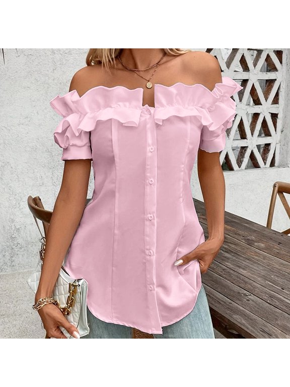 Women's Off-Shoulder Ruffle Romance Top - Adjustable Drawstring & Button-Front Blouse for Resort Wear Pink,L
