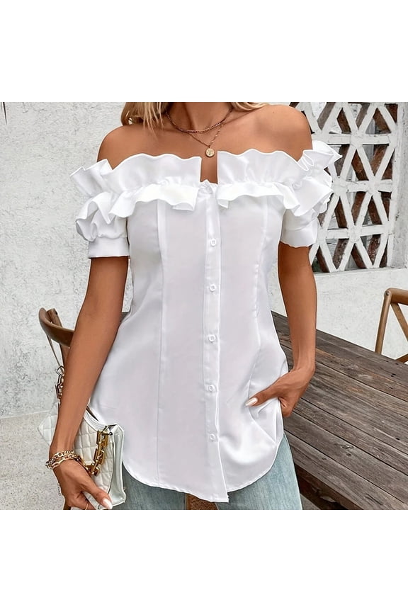 Women's Off-Shoulder Ruffle Romance Top - Adjustable Drawstring & Button-Front Blouse for Resort Wear White，XL
