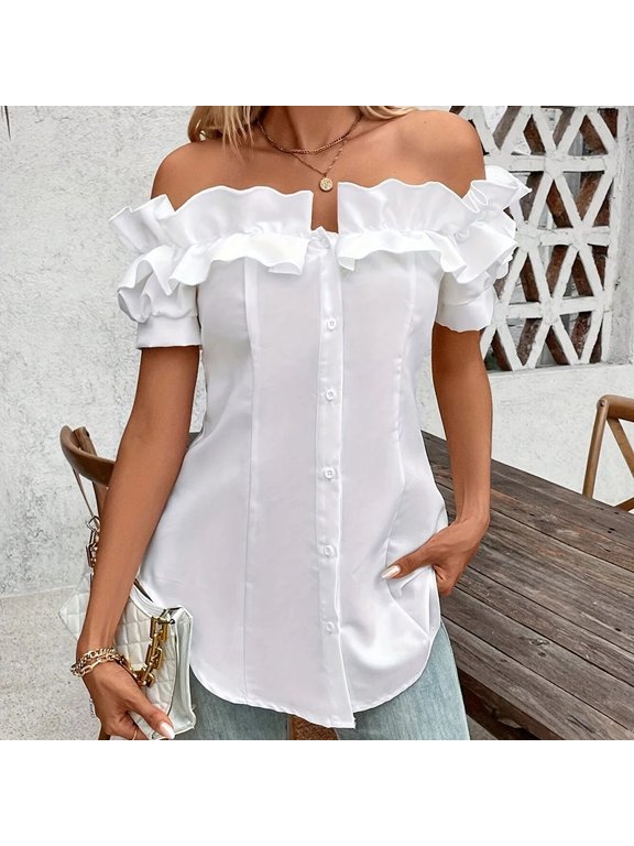 Women's Off-Shoulder Ruffle Romance Top - Adjustable Drawstring & Button-Front Blouse for Resort Wear White,XL