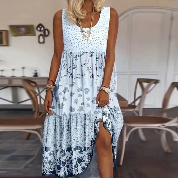 ZEHJUHAN Women's Plus Size Sleeveless Floral Print Midi Dress Vacation Boho Sundress with Stitching Design Sky Blue,4XL