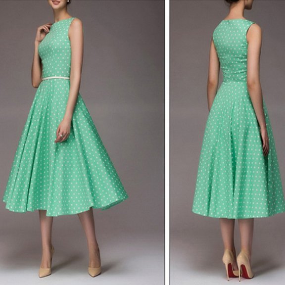 ZEHJUHAN Women's Retro Polka Dot Swing 1950s Inspired Sleeveless A-Line Cocktail Dress for Summer Parties Green,L