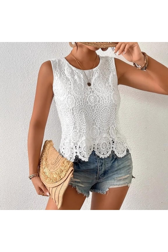Women's Round Neck Solid Color Crochet Lace Sleeveless Top - Floral Cutout Design Summer White,XXL