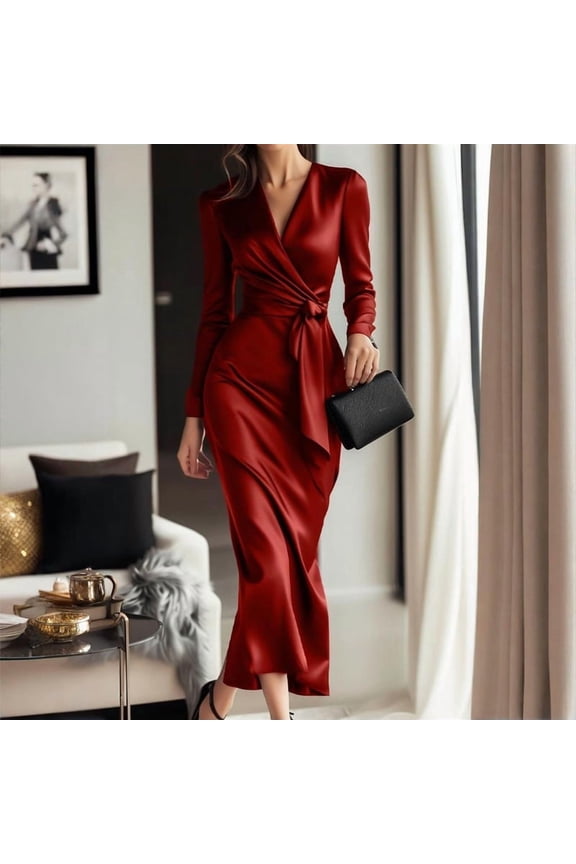 Women's Sexy Solid Color Satin Dress - V-Neck Bodycon Midi with Belted Waist for Formal Events Red，2XL
