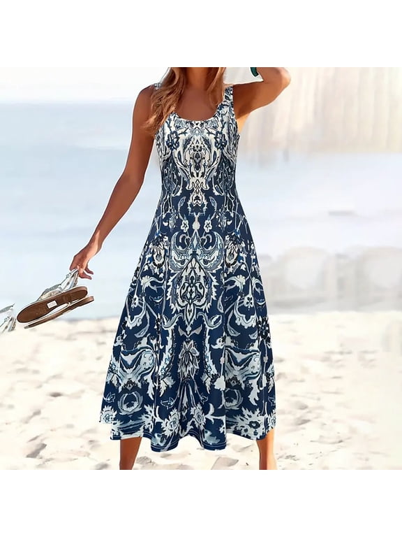 Women's Sleeveless A-Line Sundress with Print Flowy Summer Maxi Beach Wide Strap Vacation Dress Pattern 1,2XL