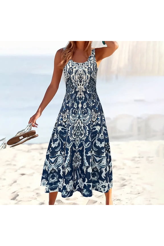 Women's Sleeveless A-Line Sundress with Print Flowy Summer Maxi Beach Wide Strap Vacation Dress Pattern 1,M