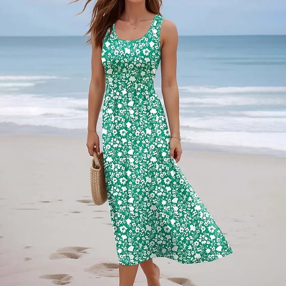 ZEHJUHAN Women's Sleeveless A-Line Sundress with Print Flowy Summer Maxi Beach Wide Strap Vacation Dress Pattern 4，3XL