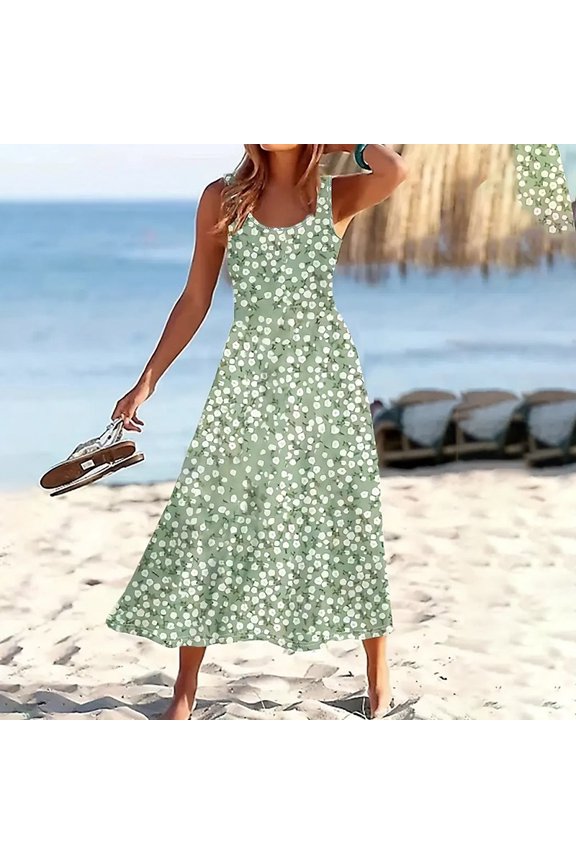 Women's Sleeveless A-Line Sundress with Print Flowy Summer Maxi Beach Wide Strap Vacation Dress Pattern 6，2XL