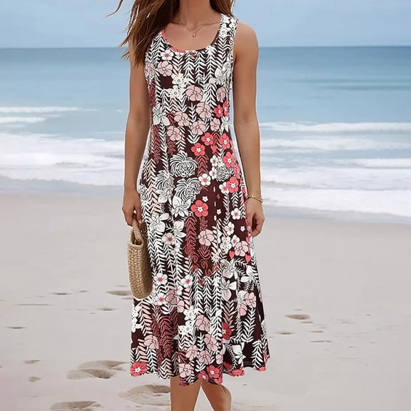 ZEHJUHAN Women's Sleeveless A-Line Sundress with Print Flowy Summer Maxi Beach Wide Strap Vacation Dress Pattern 8，3XL