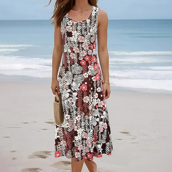 ZEHJUHAN Women's Sleeveless A-Line Sundress with Print Flowy Summer Maxi Beach Wide Strap Vacation Dress Pattern 8,S