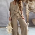 thumbnail image 1 of ZEHJUHAN Women's Solid Color 2-Piece Outfit - V-Neck Short Sleeve Top & Drawstring Wide Leg Pants Set Khaki，XXL, 1 of 3