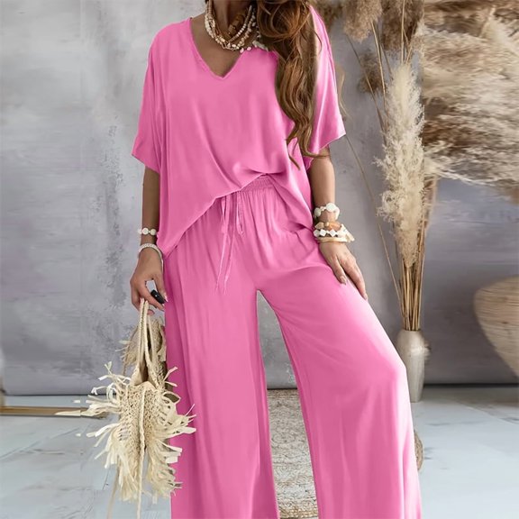 ZEHJUHAN Women's Solid Color 2-Piece Outfit - V-Neck Short Sleeve Top & Drawstring Wide Leg Pants Set Pink，M