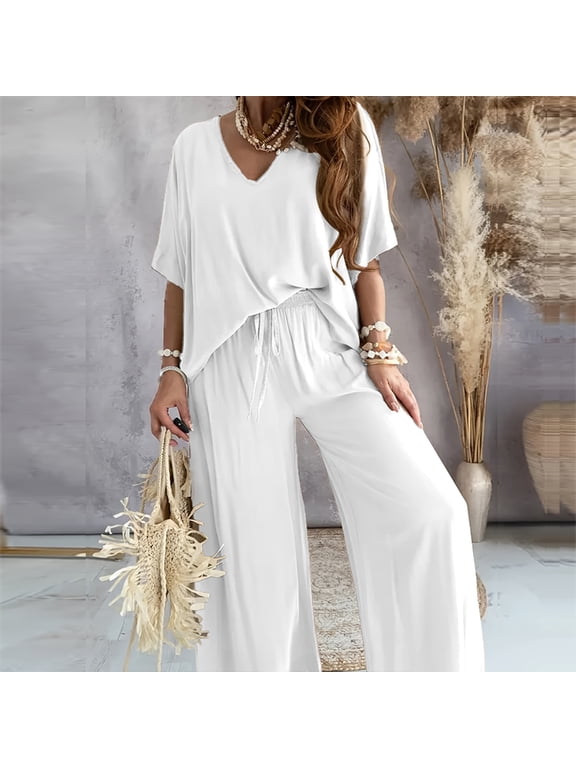 Women's Solid Color 2-Piece Outfit - V-Neck Short Sleeve Top & Drawstring Wide Leg Pants Set White,M