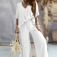 thumbnail image 1 of ZEHJUHAN Women's Solid Color 2-Piece Outfit - V-Neck Short Sleeve Top & Drawstring Wide Leg Pants Set White，S, 1 of 3