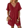 thumbnail image 1 of ZEHJUHAN Women's Solid Color Casual Chic V-Neck Romper - Short Sleeve Jumpsuit with Pockets for Summer Red，M, 1 of 13